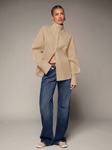 Hauture Women's Sexy Casual Mock Funnel Neck Long Sleeve Shirt - Khaki - View 5