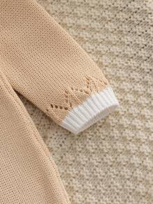 Baby Girl Contrast Color Collared Long Sleeve Casual Knit Romper - Beige - View 6