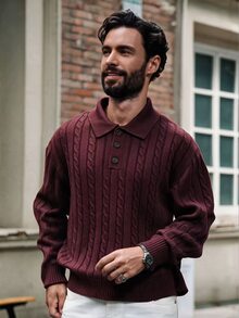 Claim Dot Men's Solid Color Cable Polo Collar Casual Long Sleeve Pullover Sweater , Fall/Winter - Burgundy - View 3