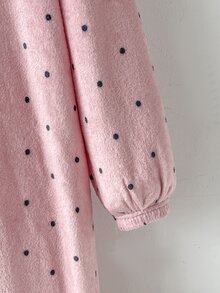 SHEIN Tween Girl 秋/冬款 灰粉色波點印花 珊瑚絨毛 舒適連帽套頭長款睡袍 居家休閒睡衣 - 藕粉色 - 查看 5
