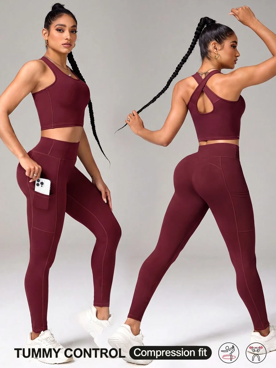 StreetHx Cropped Tank Top And Pocket Leggings Sports Set - Burgundy - View 1