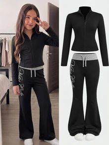 SHEIN Pakaian Anak Perempuan Remaja Musim Gugur/Dingin: Jaket Rajut Kasual Sehari-hari dengan Motif Huruf Warna Hitam Polos dan Celana Panjang Model Flare dengan Potongan Warna di Pinggang, Cocok untuk Kembali ke Sekolah. - Hitam - View 1