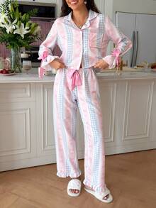SweetSlumber Women's Sweet INS Striped Bow Plaid Print Contrast Color Lapel Long Sleeve Long Pants Pajama Set - Multicolor - View 3