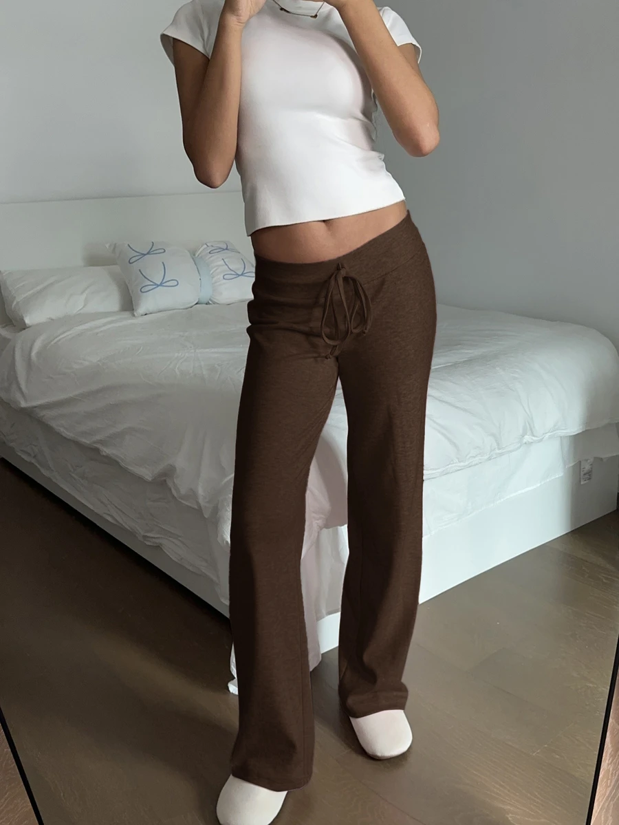SHEIN EZwear 女款純色抽繩腰休閒日常長褲 - 棕色 - 查看 1