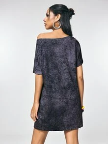 THE POWERPUFF GIRLS X SHEIN Women's Fashion Asymmetrical Shoulder Cartoon Print Dress - Dark Grey - View 2