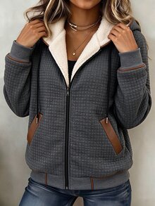 Holdful Holdful Women's Zipper Pocket Long Sleeve Hooded Knit Sweater - Dark Grey - View 3