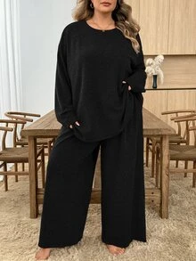 SHEIN CURVE+ 大尺碼女款秋季休閒純色巧克力棕色冬季曲線居家服兩件套秋季 - 黑色 - 查看 4