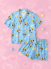THE POWERPUFF GIRLS X SHEIN THE POWERPUFF GIRLS 青少女短袖上衣與短褲居家服套裝 - 藍色 - 查看 1