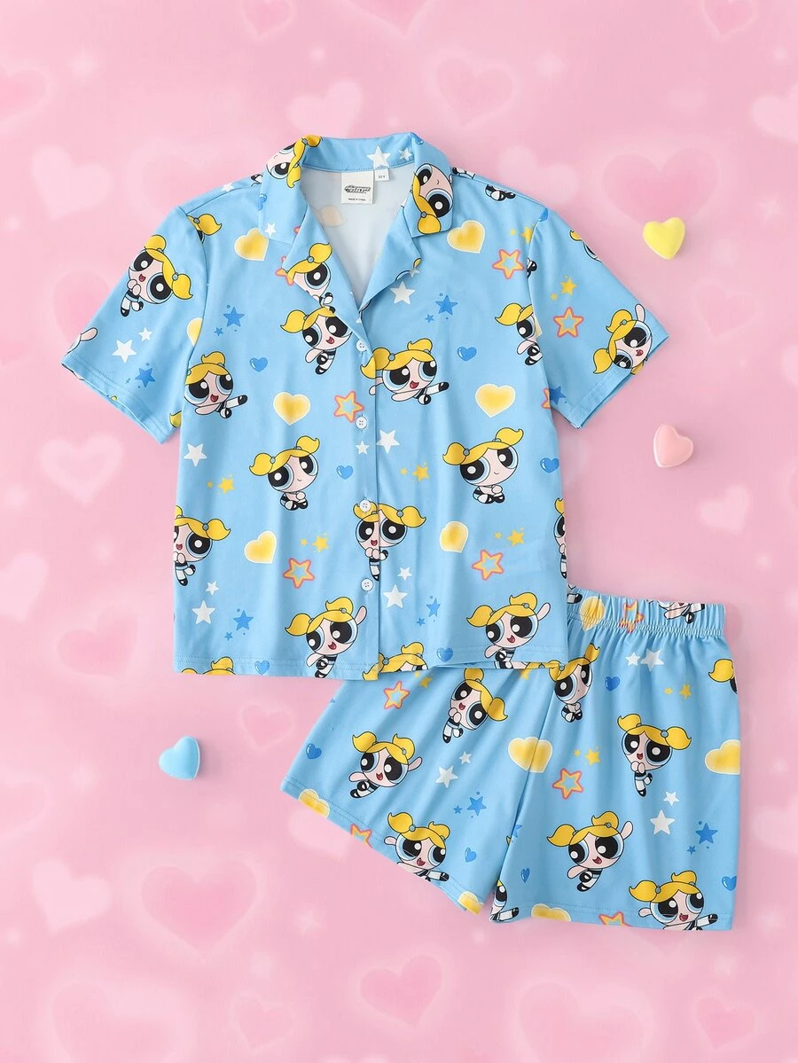 THE POWERPUFF GIRLS X SHEIN THE POWERPUFF GIRLS 青少女短袖上衣與短褲居家服套裝 - 藍色 - 查看 1