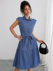 Elenzga Women's Loose Elegant Commute Casual Denim Dress - Blue - View 7