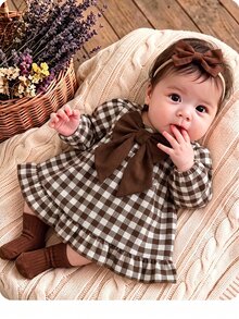 SHEIN Newborn Baby Plaid Bow Decor Casual Summer Dress - Multicolor - View 1