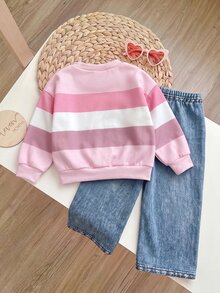 SHEIN 女童粉色條紋長袖運動衫配花朵裝飾與牛仔褲休閒兩件套 - 彩色 - 查看 2