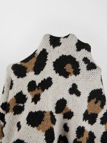 SHEIN كارديجان نسائي محبوك بطبعة نمر مع سحاب، ياقة واقفة وأكمام طويلة وحافة مضلعة متباينة، جاكيت فضفاض - متعدد الألوان - مشاهدة 3