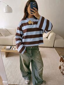 SHEIN EZwear Women's Colorblock Casual Everyday Long Sleeve T-Shirt - Multicolor - View 5