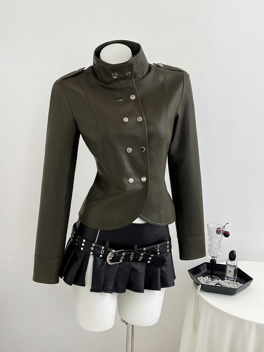 Elamini Y2K Double Breasted Moto Jacket - Black - View 1