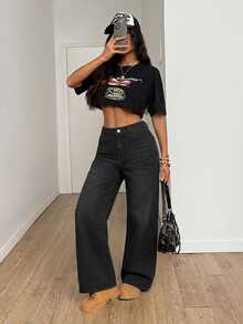 SHEIN PETITE 女款直筒寬鬆休閒百搭牛仔褲，附口袋 - 黑色 - 查看 2