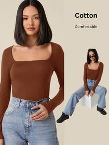 SHEIN BASICS 女款休閒純色方領修身短袖上衣，黑色夏季上衣 - 鏽棕色 - 查看 7