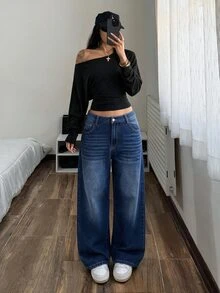 Jeanoix Quần jean denim ống cong thêu phong cách đường phố Y2K cho nữ size lớn - Rửa tối - Xem 3