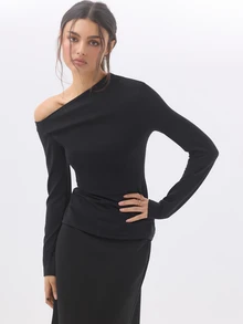 KÆRIA Hus Draped Asym Long Sleeve Top - Sculpted Jersey - Black - Going Out, Fitted, , Party, Slant Shoulder - Black - View 1