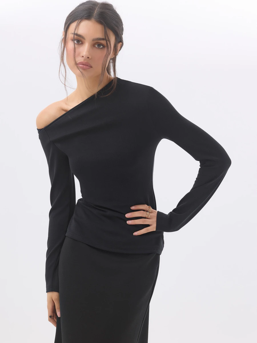 KÆRIA Hus Draped Asym Long Sleeve Top - Sculpted Jersey - Black - Going Out, Fitted, , Party, Slant Shoulder - Black - View 1