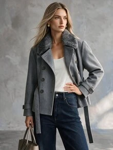 Trelyra Elegant Comfortable French Vintage Commute Chic Design High-End Versatile Fur Collar Overcoat - Grey - View 1
