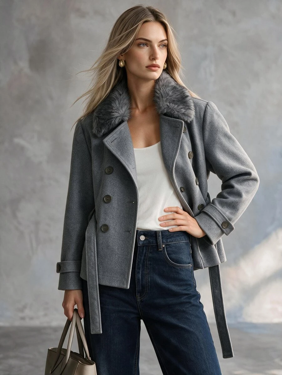 Trelyra Elegant Comfortable French Vintage Commute Chic Design High-End Versatile Fur Collar Overcoat - Grey - View 1