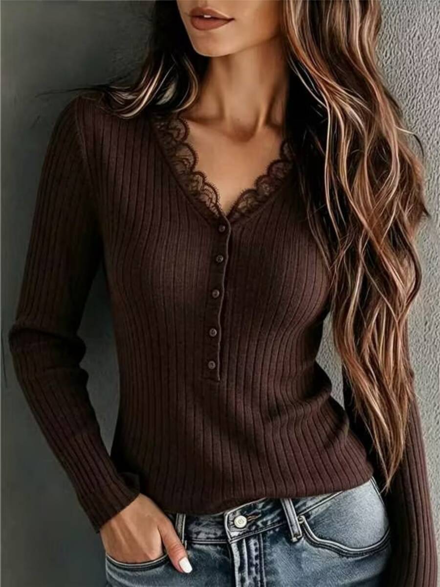 SHEIN ملابس علوية نسائية محبوكة بياقة V وهينلي مزينة بالدانتيل، أكمام طويلة مضلعة بقصة ضيقة، لون بني سادة، تي شيرت أساسي كاجوال للخريف - قهوة بني - مشاهدة 1