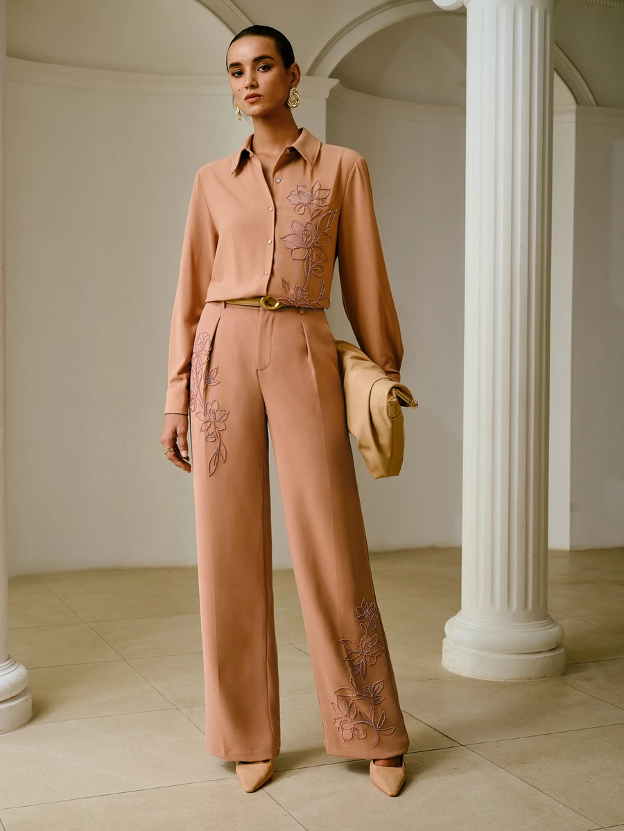 ZEYLAH Women's Embroidered Beaded Tube Pocket Suit Pants For Office - Khaki - View 1