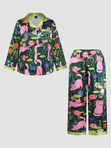 Chillnights Plus Size Women's All-Over Print Long Sleeve Top And Pants Casual Daily Home Sleepwear Set - Multicolor - View 1