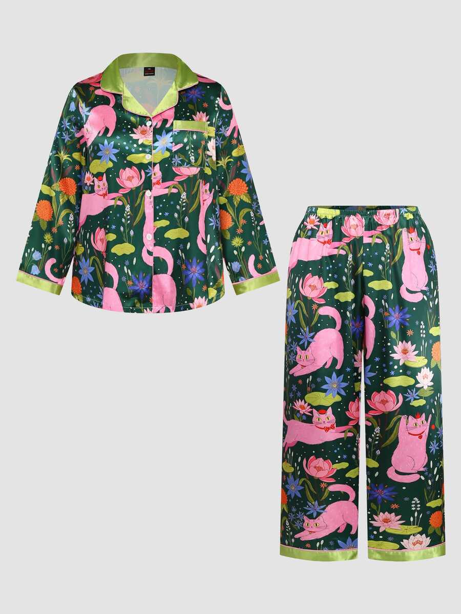 Chillnights Plus Size Women's All-Over Print Long Sleeve Top And Pants Casual Daily Home Sleepwear Set - Multicolor - View 1