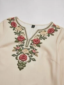 Miaspire Middle-Aged Women's Embroidered Notch V-Neck Dress - Multicolor - View 4