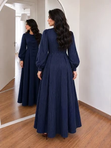 Solavon Plus Size Striped Colorblock Frog Button Long Sleeve Dress - Navy Blue - View 2
