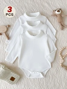 SHEIN Ribbstickade bodysuits med hög hals för babypojkar, enfärgade vita långärmade bodysuits med hög hals, 3 st/pack - Vitt - Visa 3