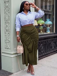 Slaydiva Autumn/Winter Casual Street Khaki Asymmetric Ruched Fishtail Skirt Plus Size Fall - Army Green - View 1