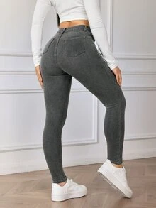 SHEIN SXY 女款時尚鈕扣口袋修身牛仔褲 - 灰色 - 查看 2