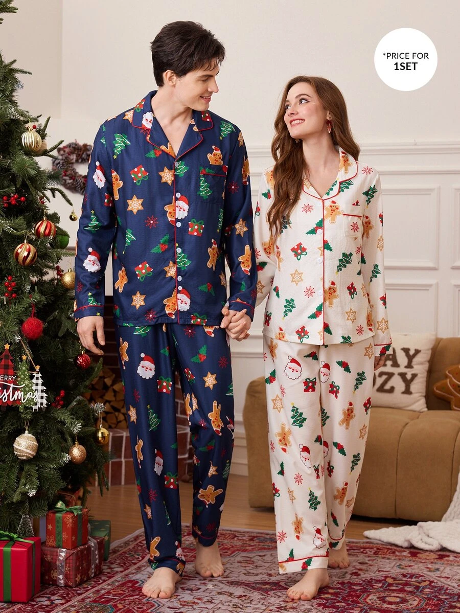 CoupledUp Vintage Santa Claus Gingerbread Man Snowflake Print Boys' Collared Long Sleeve Pajamas Loose Fit Loungewear - Blue - View 1