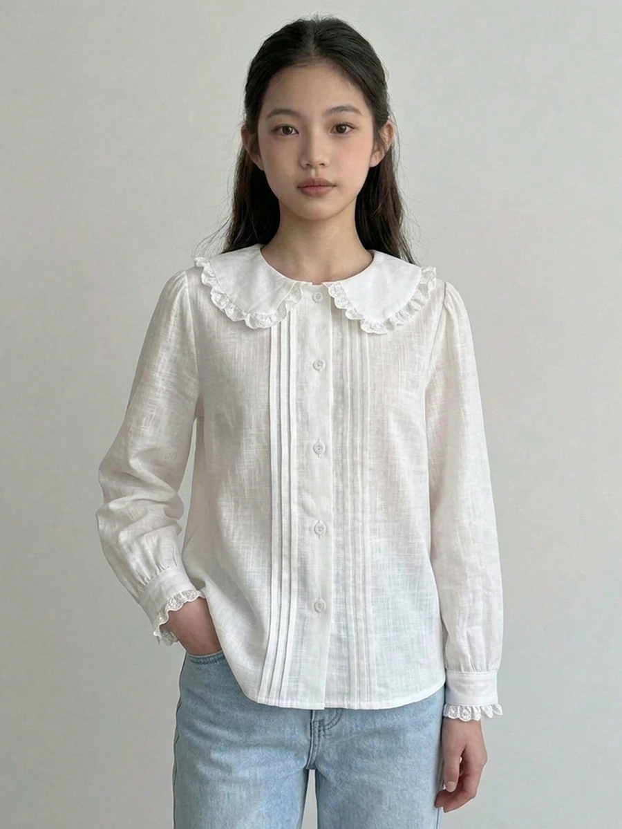 Dazy Kids (Gadis Remaja) Kemeja Blus Kasual Lengan Panjang Kerah Lipat Gaya Dasar Musim Gugur - Putih - View 1