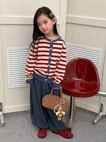 Dazy Kids (فتيات المراهقات) كنزة كارديجان كاجوال مخططة بألوان متباينة بياقة دائرية - بيج - مشاهدة 5