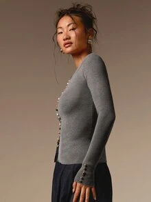 COSMINA 女款休閒優雅瑪瑙鈕扣淺棕色針織上衣 - 灰色 - 查看 6