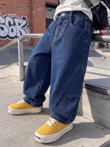 Young Boy Elastic Waist Straight Leg Jeans - Dark Wash - View 8