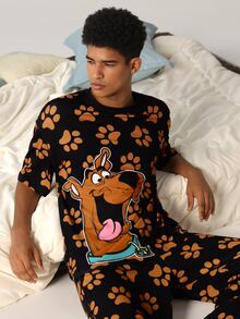 SCOOBY-DOO X SHEIN Men's Round Neck Short Sleeve Top And Long Pants Loungewear Set - Coffee Brown - View 5