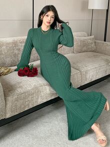 Graceveil Women's Solid Color Casual Minimalist Knit Dress For Travel - Dark Green - View 1