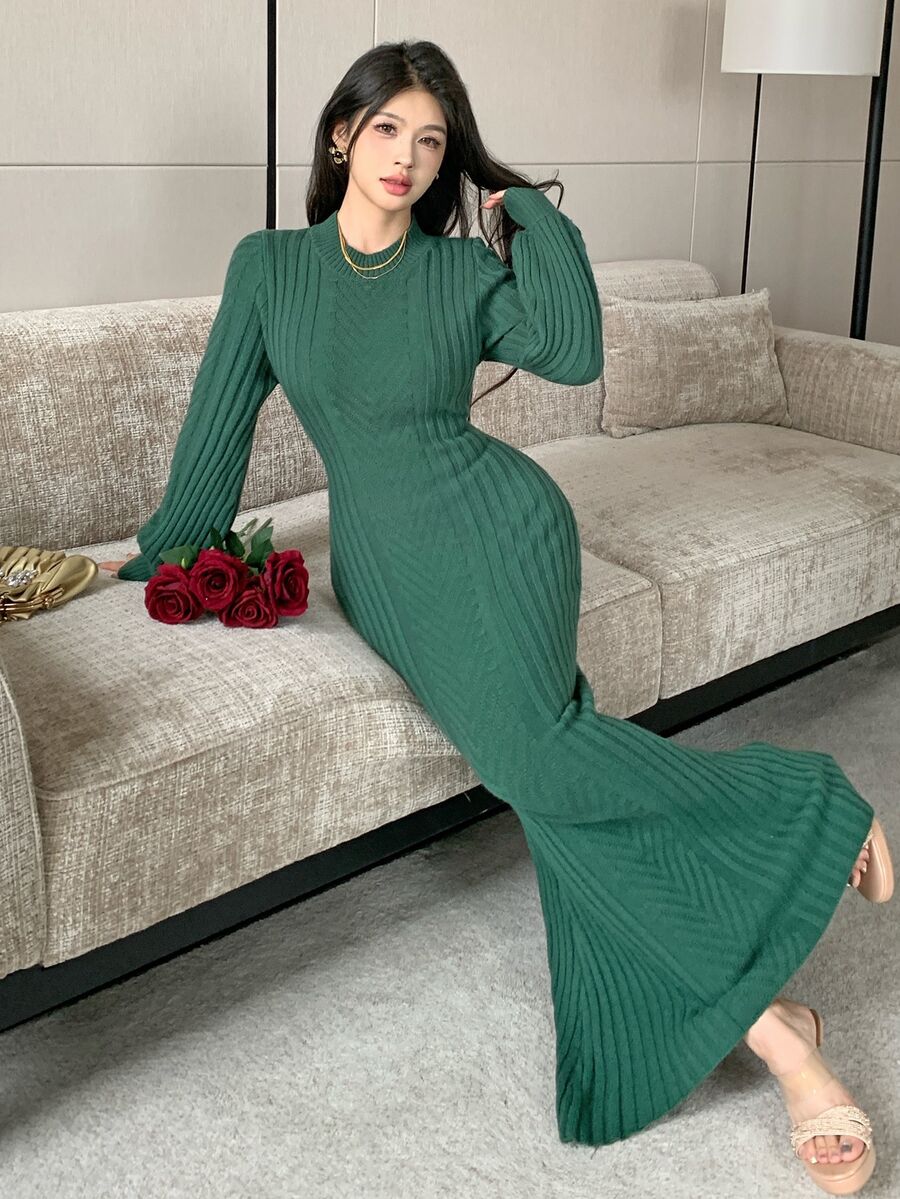 Graceveil Women's Solid Color Casual Minimalist Knit Dress For Travel - Dark Green - View 1
