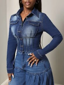 BamGleam Women's Cinched Waist Button Long Sleeve Denim Jacket - Medium Wash - View 3