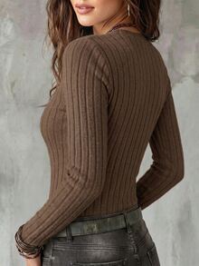 EMERY ROSE Women's Solid Color Crew Neck Long Sleeve Ribbed Casual T-Shirt Fall Cloth For Women - Coffee Brown - View 2