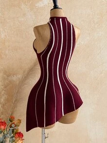 Soleia Women's Plus Size Striped Asymmetrical Hem Knit Top - Red and White - View 5