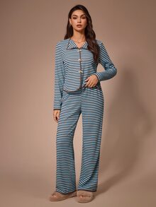Lazeform Women's Casual Knitted Striped Long Sleeve Pants Bow Decor Loungewear Pajama Set - Multicolor - View 5