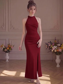 SHEIN Pitira 優雅酒紅色露肩女童晚禮服，適用畢業典禮、婚禮伴娘、夏季派對，緞面長拖尾舞會禮服，秋季新品，四季皆宜 - 酒紅色 - 查看 1