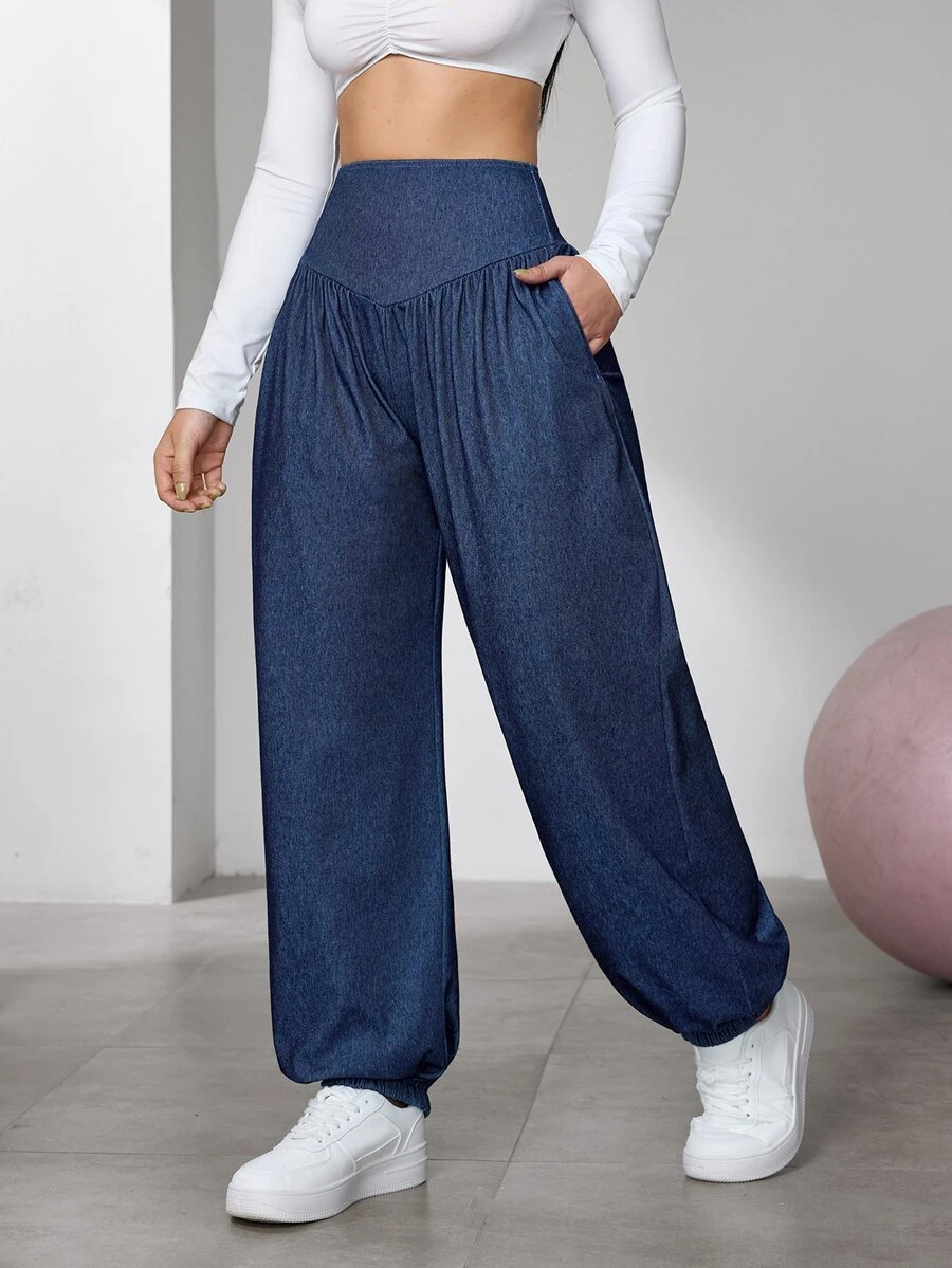 Flexra Women's Fashion Casual Ruched Washed Denim Jogger Jeans - Dark Wash - View 1