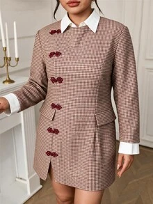 EastFlair Plus Size Women's Houndstooth Placket Long Sleeve Elegant Dress Fall - Multicolor - View 8